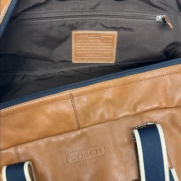 Coach Boston Bag Heritage Duffle Striped Travel 2 Way Shoulder Strap Navy Brown - Picture 14 of 16